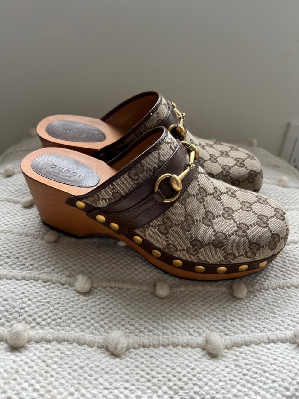 Gucci Beige and Brown Monogram Canvas Horsebit Clogs - Picture 3 of 7